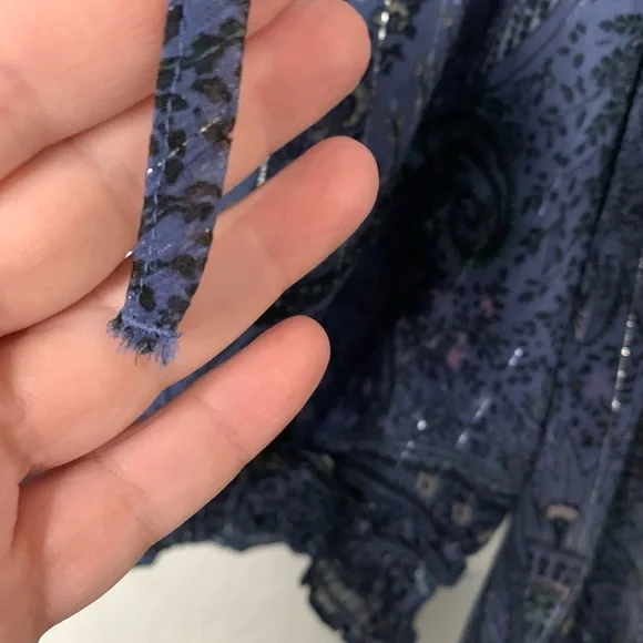 Lucky Brand Blue Paisley Floral Print Sheer Bubble Hem Puff Sleeve Peasant Top L - Picture 5 of 5